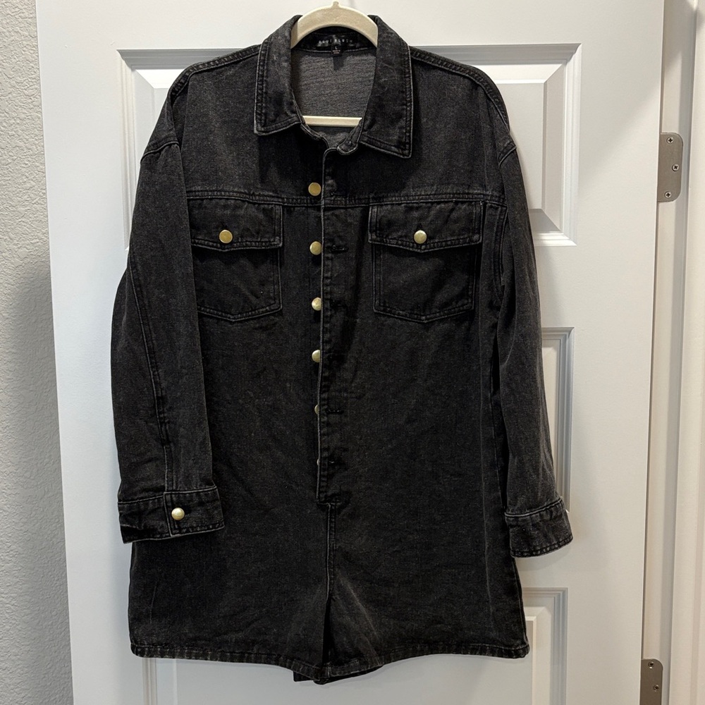 Black Denim Romper with Gold Buttons